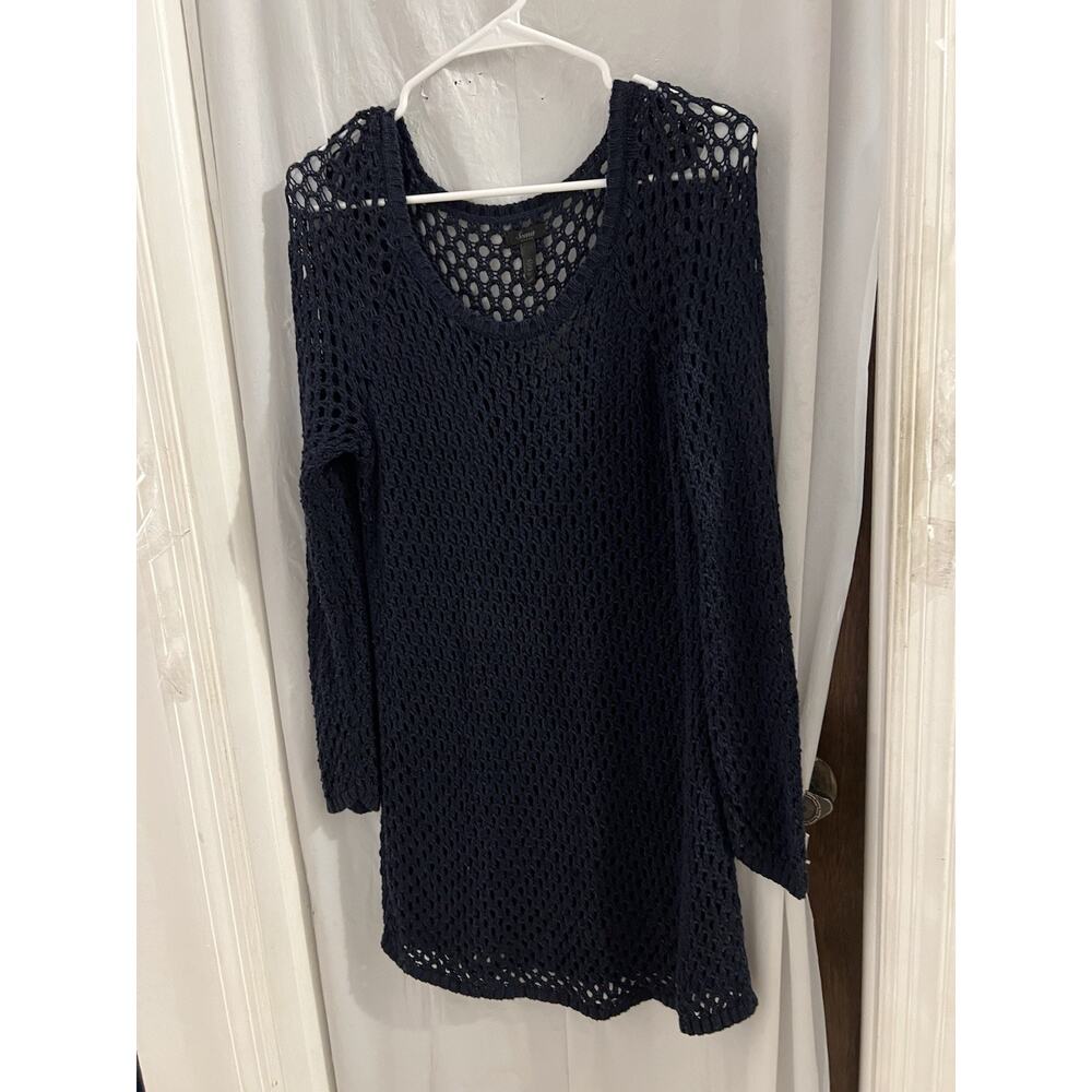 Soma Navy Blue Open Knit Crochet Long Sleeve Tunic Cover Up Sz L